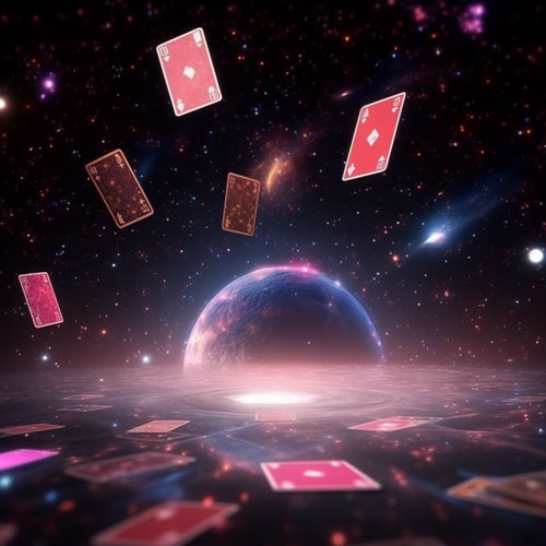Tavolo etereo nello spazio con carte da gioco che vi cadono sopra. In lontananza si vede il pianeta terra