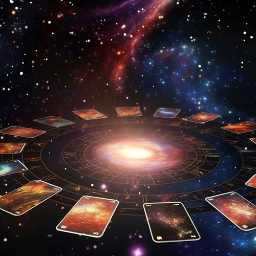 Ruota zodiacale che volteggia nello spazio aperto. Introno sono disposte delle carte